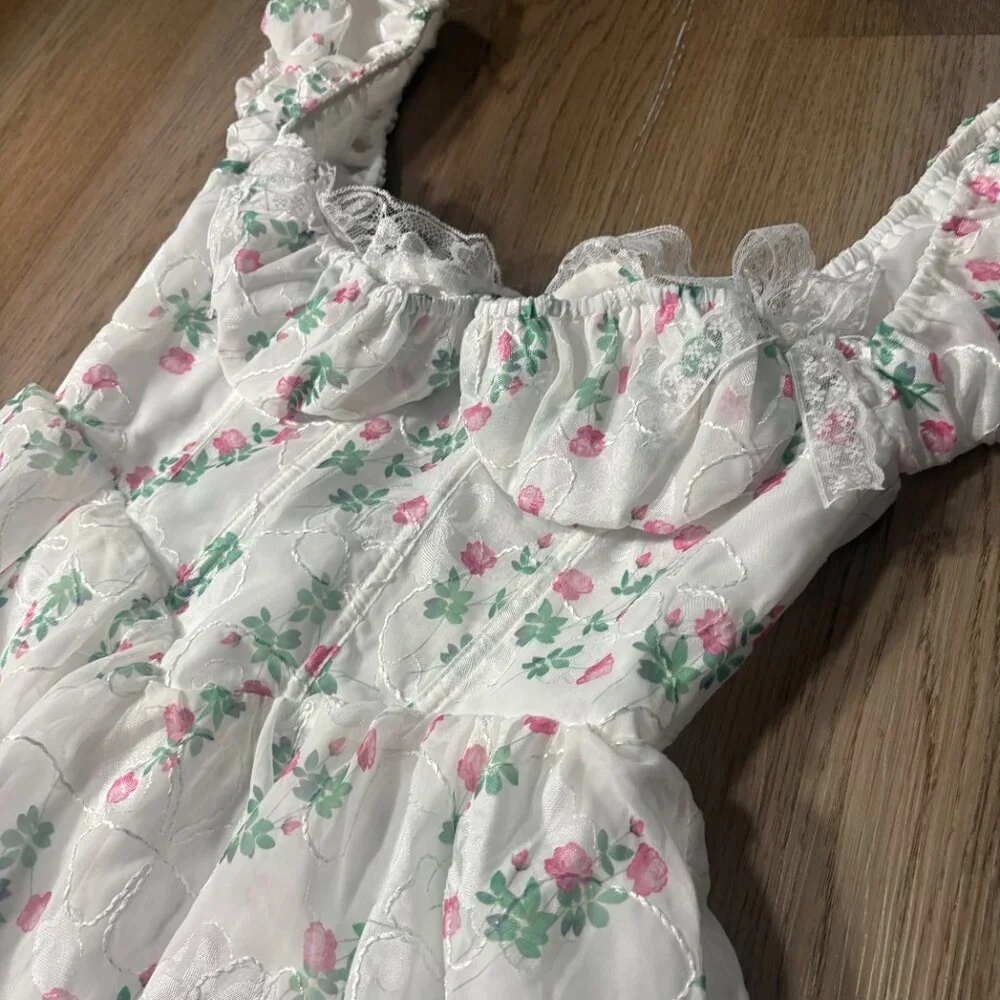 NWT For Love And Lemons Remi Mini Dress S small white pink floral corset basque
